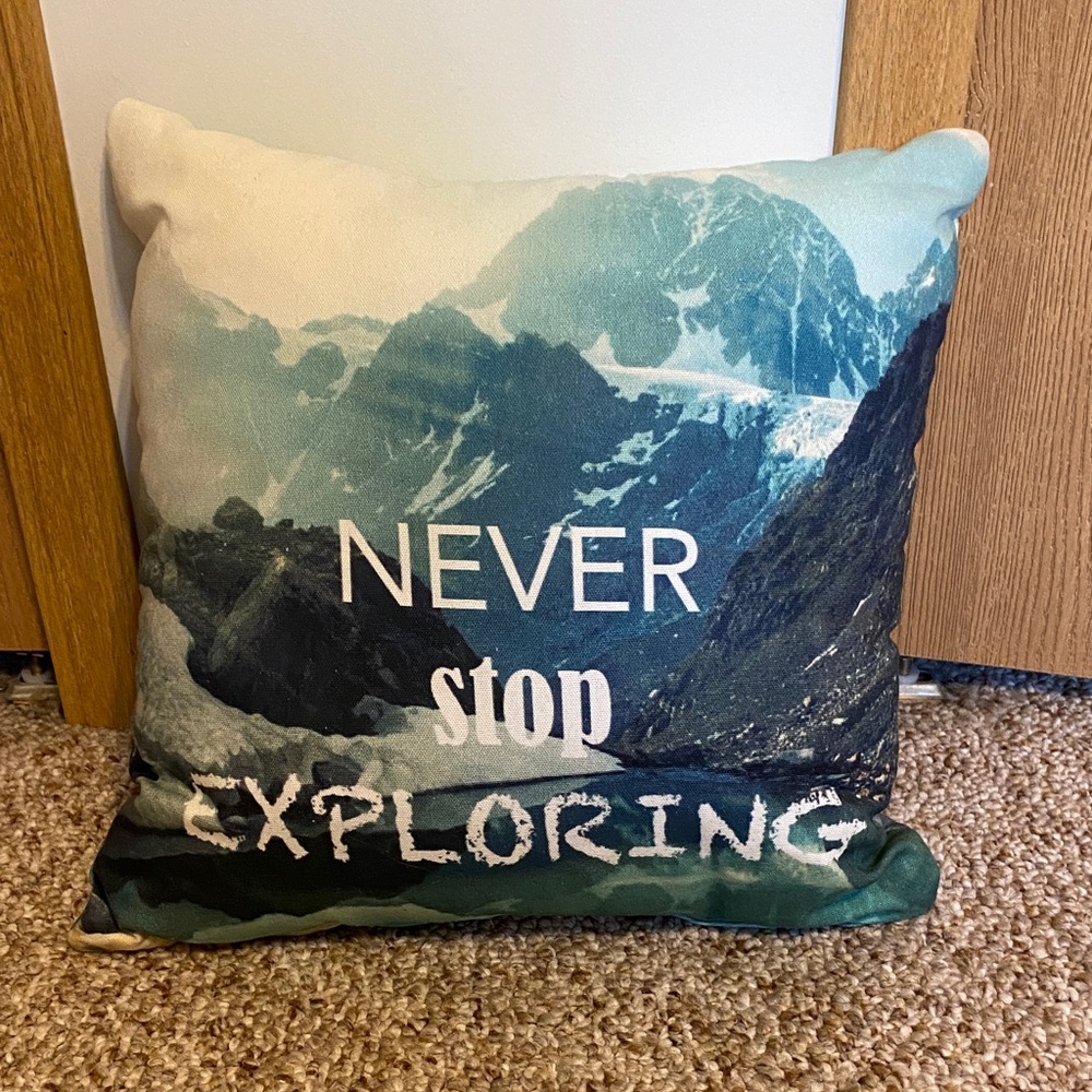 Never Stop Exploring Mountain Print Throw Pillow - Teal & Navy